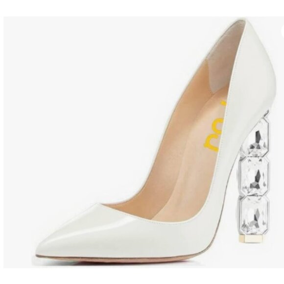 FSJ White Jeweled High Heel Pointed Toe Slip On Sparkling Crystal Bead Heel Pump - Picture 1 of 8